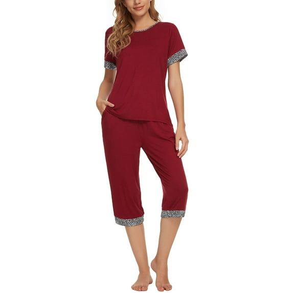 Unique Bargains Womens Pajama Set Round Neck with Capri Pants Pjs Lounge Sleepwear Sets