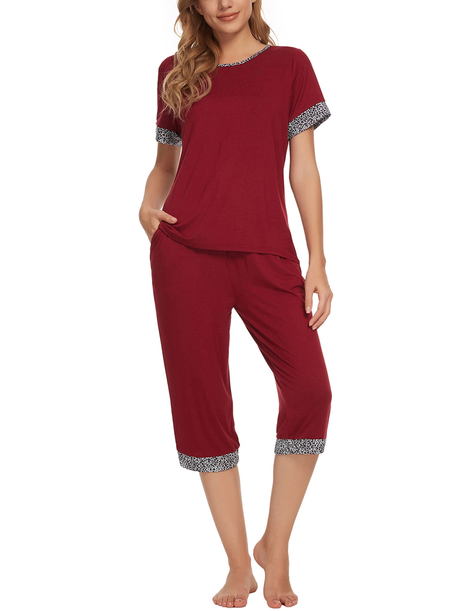 Unique Bargains Womens Pajama Set Round Neck with Capri Pants Pjs Lounge Sleepwear Sets
