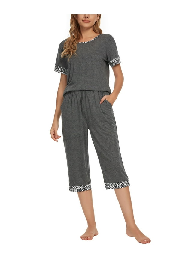 Womens Pajama Set Round Neck with Capri Pants Pjs Lounge Sleepwear Sets