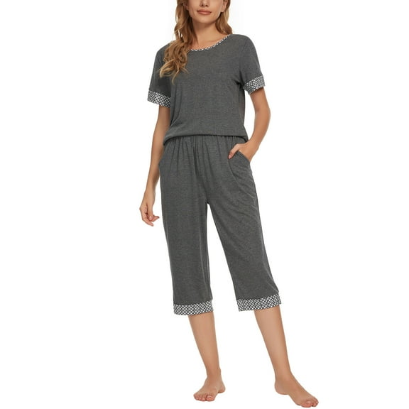 Unique Bargains Womens Pajama Set Round Neck with Capri Pants Pjs Lounge Sleepwear Sets