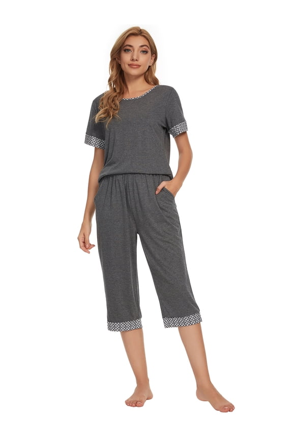 Womens Pajama Set Round Neck with Capri Pants Pjs Lounge Sleepwear Sets