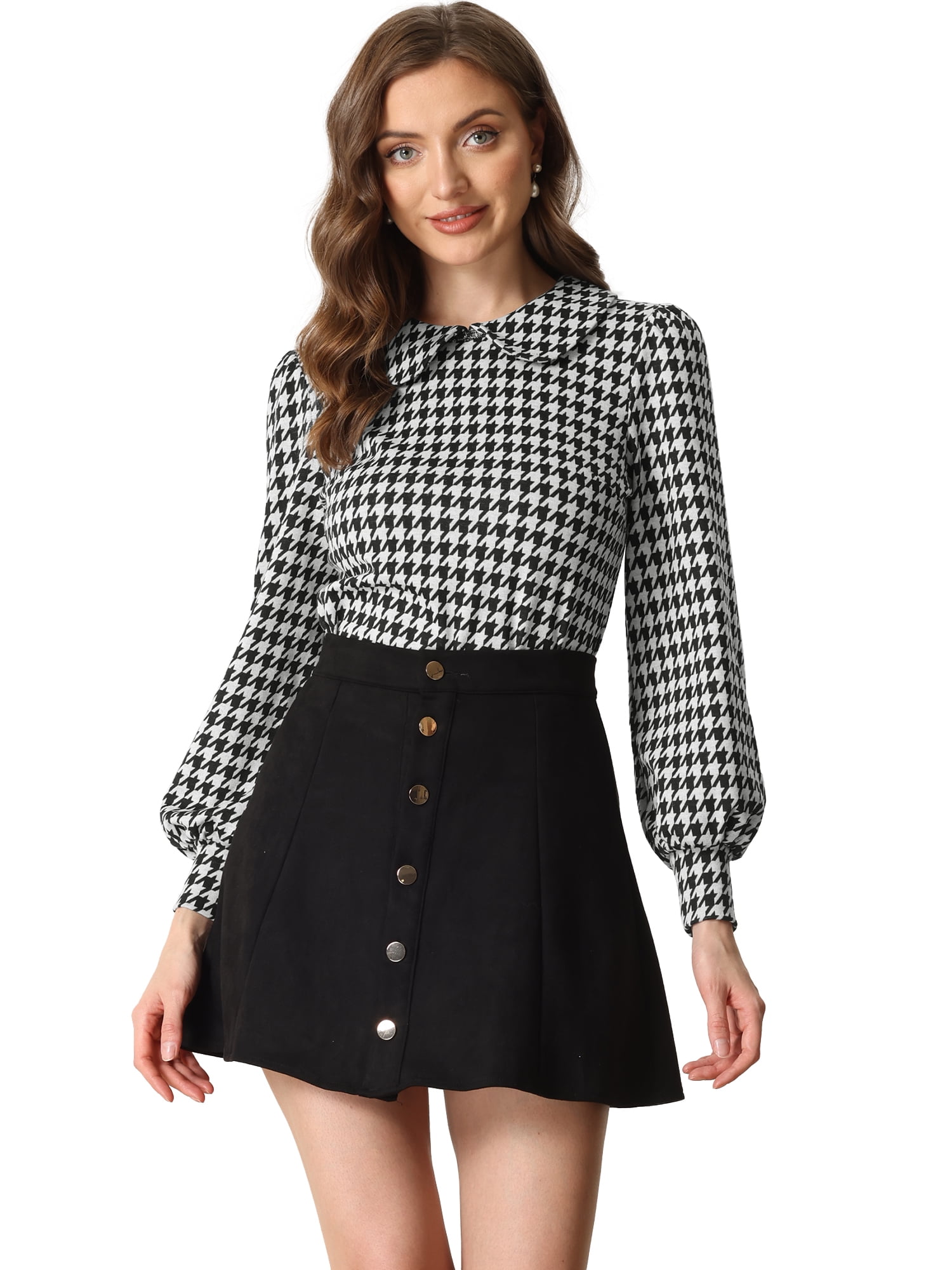 Women's Peter Pan Collar Shirt Fashion Puff Long Sleeve Houndstooth Plaid Blouse L Black