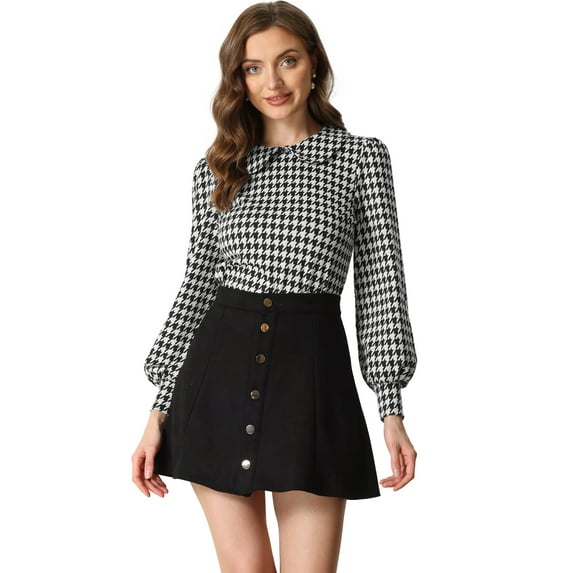 Women's Peter Pan Collar Shirt Fashion Puff Long Sleeve Houndstooth Plaid Blouse M Black