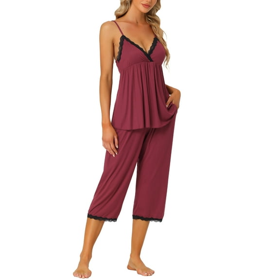 Unique Bargains Womens Pjs Top with Pants Lounge 2pcs Knit Waffle Pajama Sleepwear Sets