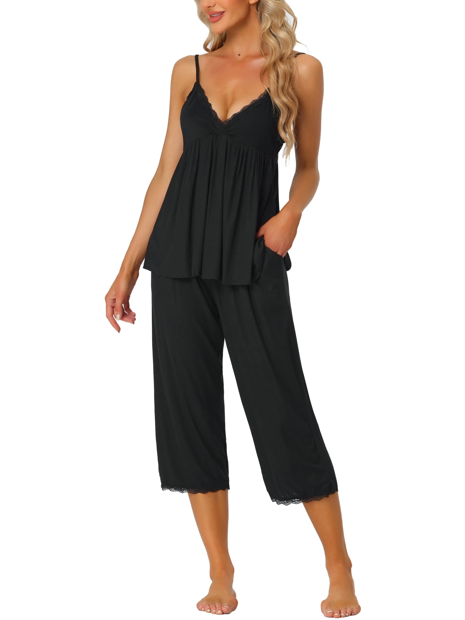Unique Bargains Womens Pjs Top with Pants Lounge 2pcs Knit Waffle Pajama Sleepwear Sets