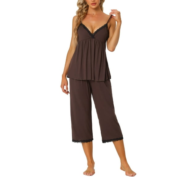 Unique Bargains Womens Pjs Top with Pants Lounge 2pcs Knit Waffle Pajama Sleepwear Sets