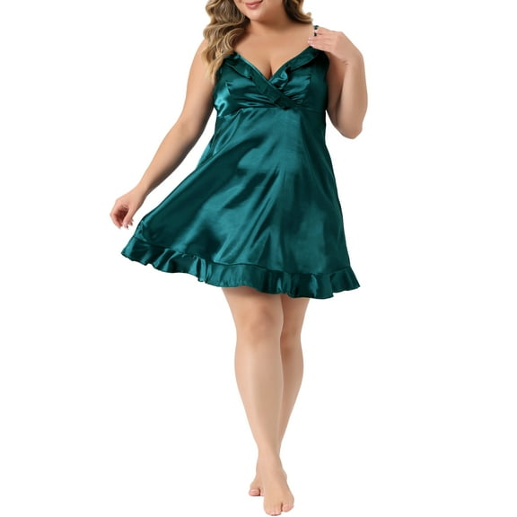 Unique Bargains Womens Plus Size Lace Nightgown Satin Chemise Lingerie Dress Sleepwear 1X Dark Green
