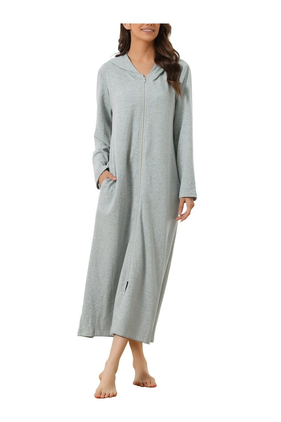 Womens Robe Zip up Hooded House Dress Nightshirt Hoodie Long Bathrobe 2XL Grey