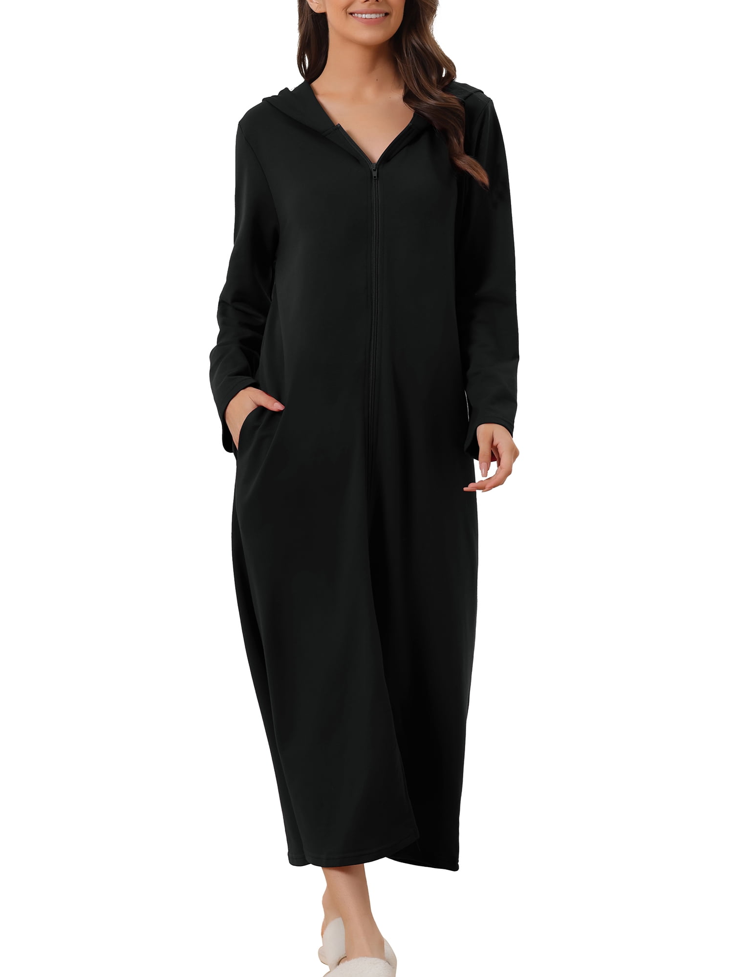 Unique Bargains Womens Robe Zip up Hooded House Dress Nightshirt Hoodie Long Bathrobe M Black