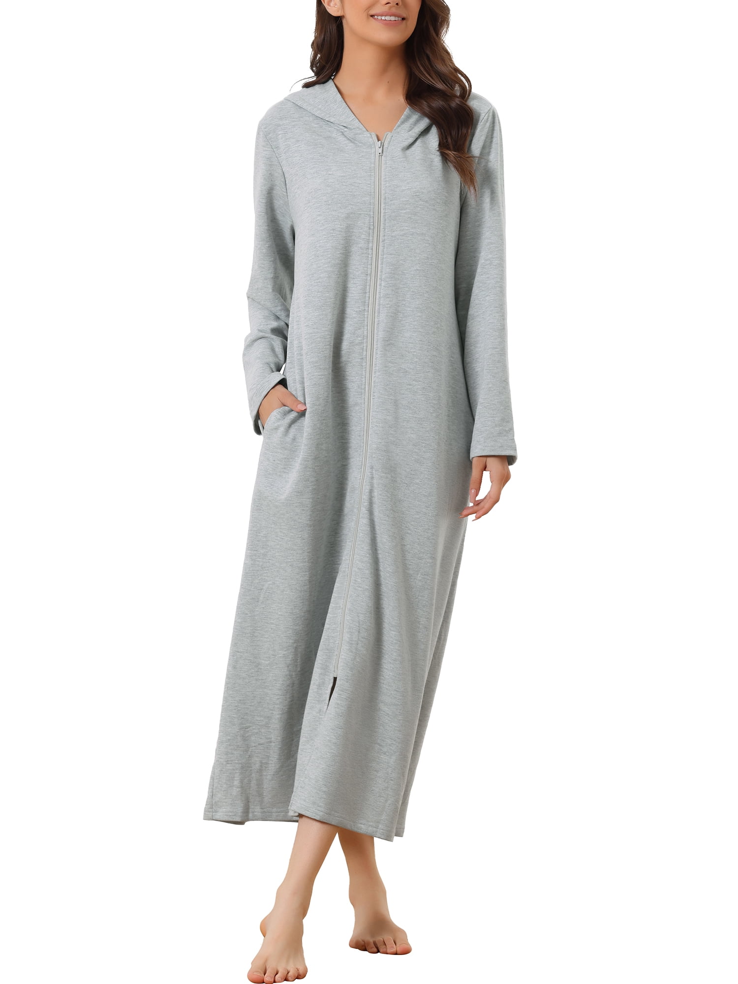 Unique Bargains Womens Robe Zip up Hooded House Dress Nightshirt Hoodie Long Bathrobe S Grey