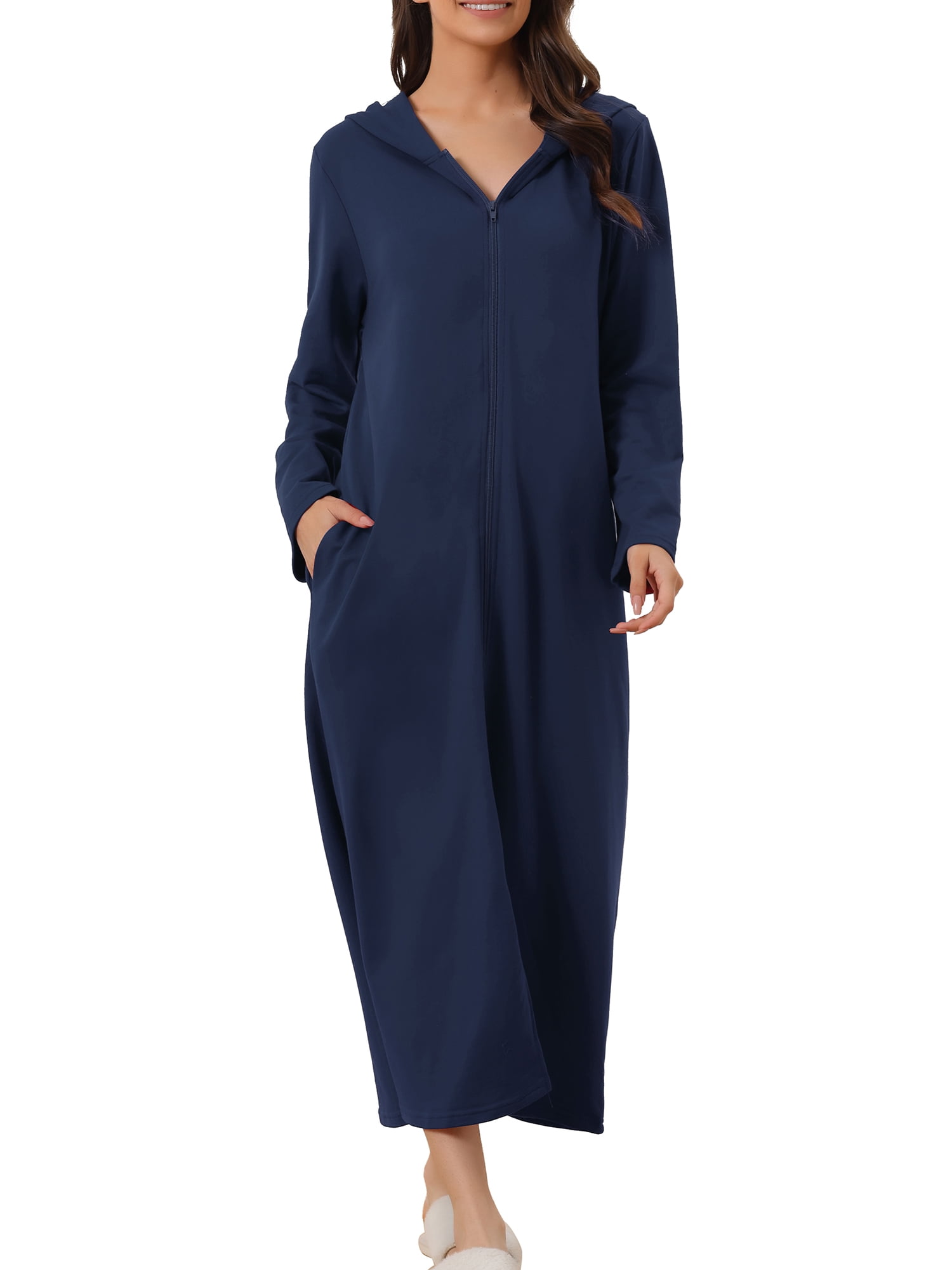 Unique Bargains Womens Robe Zip up Hooded House Dress Nightshirt Hoodie Long Bathrobe S Navy Blue