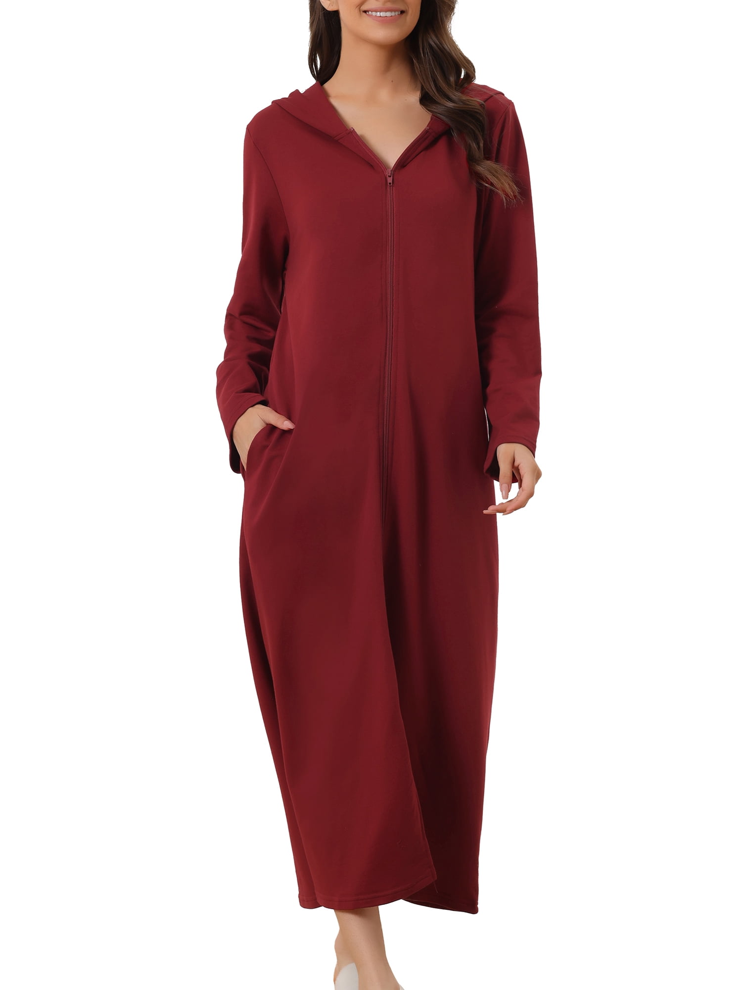 Unique Bargains Womens Robe Zip up Hooded House Dress Nightshirt Hoodie Long Bathrobe XL Red