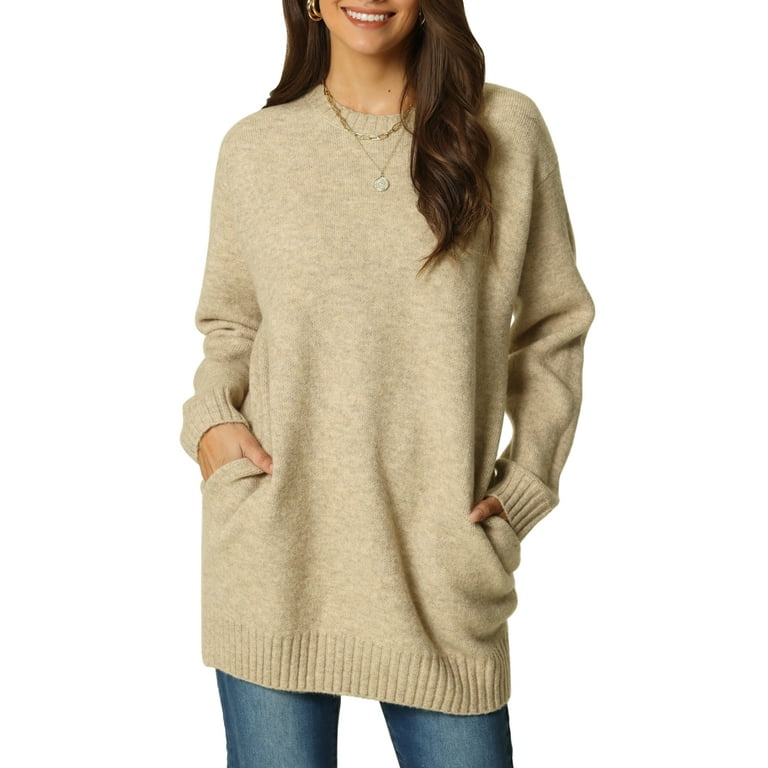 Unique Bargains women's Round Neck Pullover Sweater Khaki