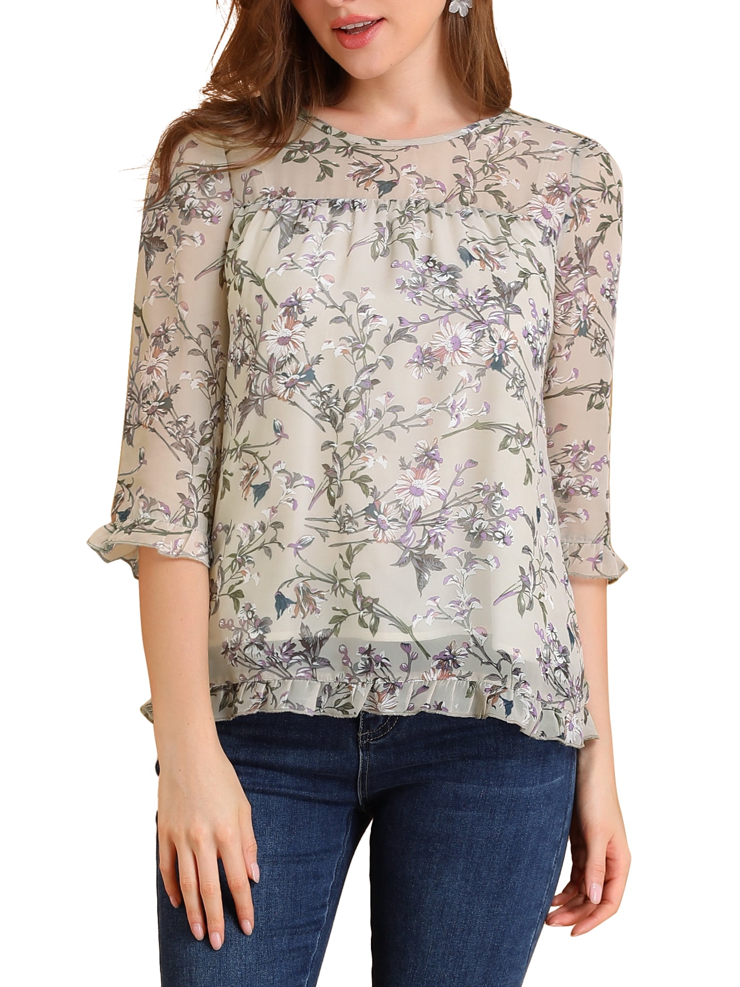 3/4 Sleeve Ladies Printed Chiffon Top, CHIKOO at Rs 160/piece in