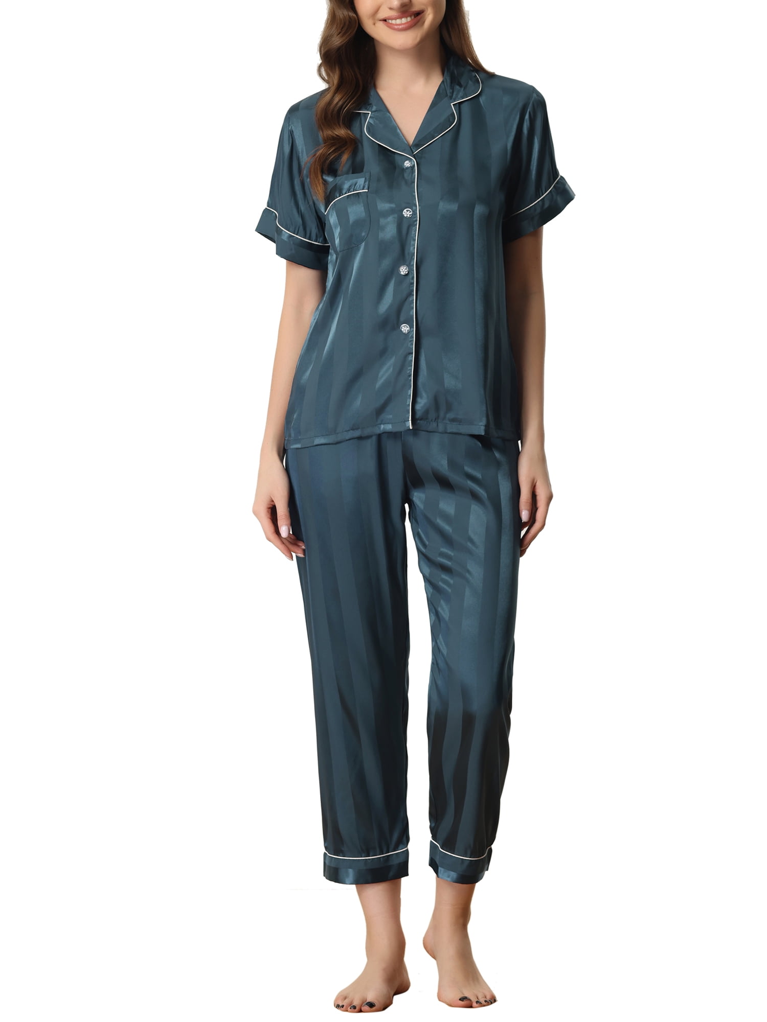 Unique Bargains Womens Satin Button Down Short Sleeve Long Pants Pajama Set L Blue