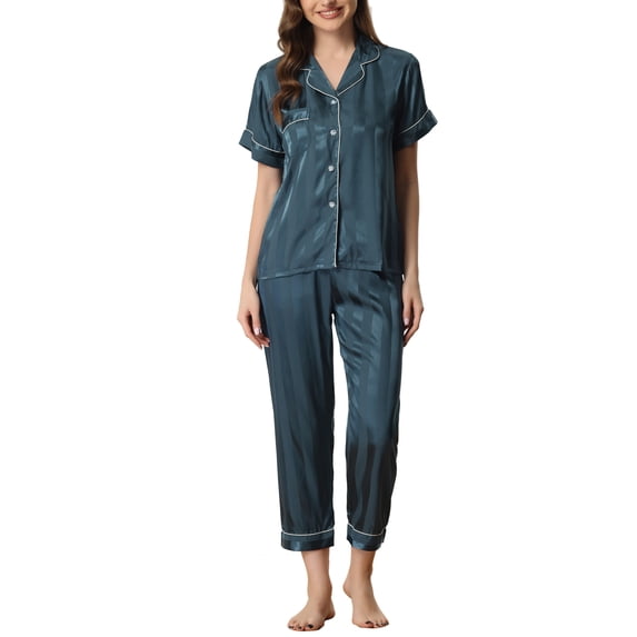Unique Bargains Womens Satin Button Down Short Sleeve Long Pants Pajama Set M Blue
