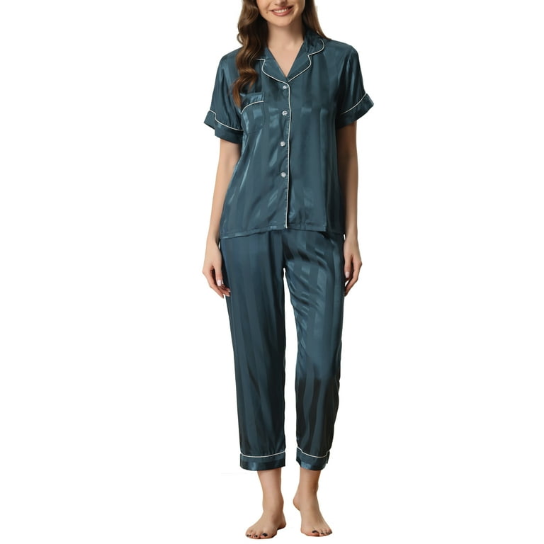 Satin pajamas short sleeve long pants hotsell