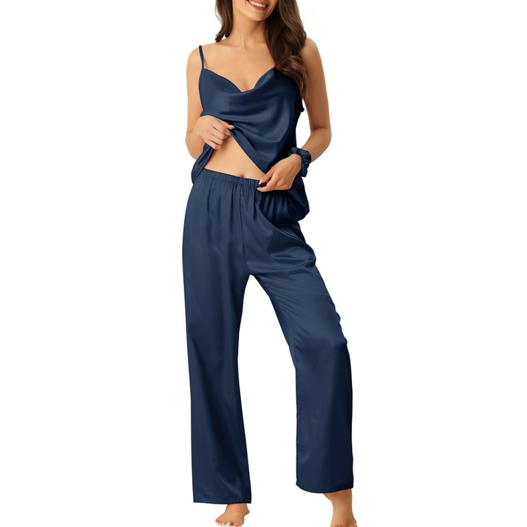 Unique Bargains Womens Satin Cowl Neck Cami Top with Long Pant Loungewear  Pajama Set 