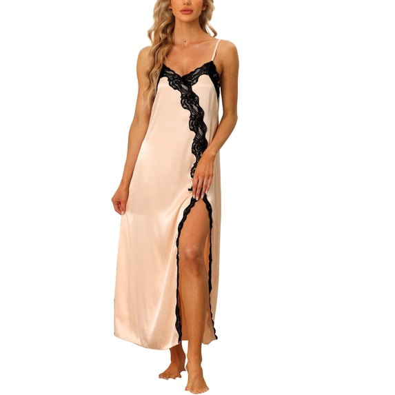 Unique Bargains Womens Satin Nightgown Lace Cami Dress Maxi Long Gown Pajama Nightwear XL Champagne