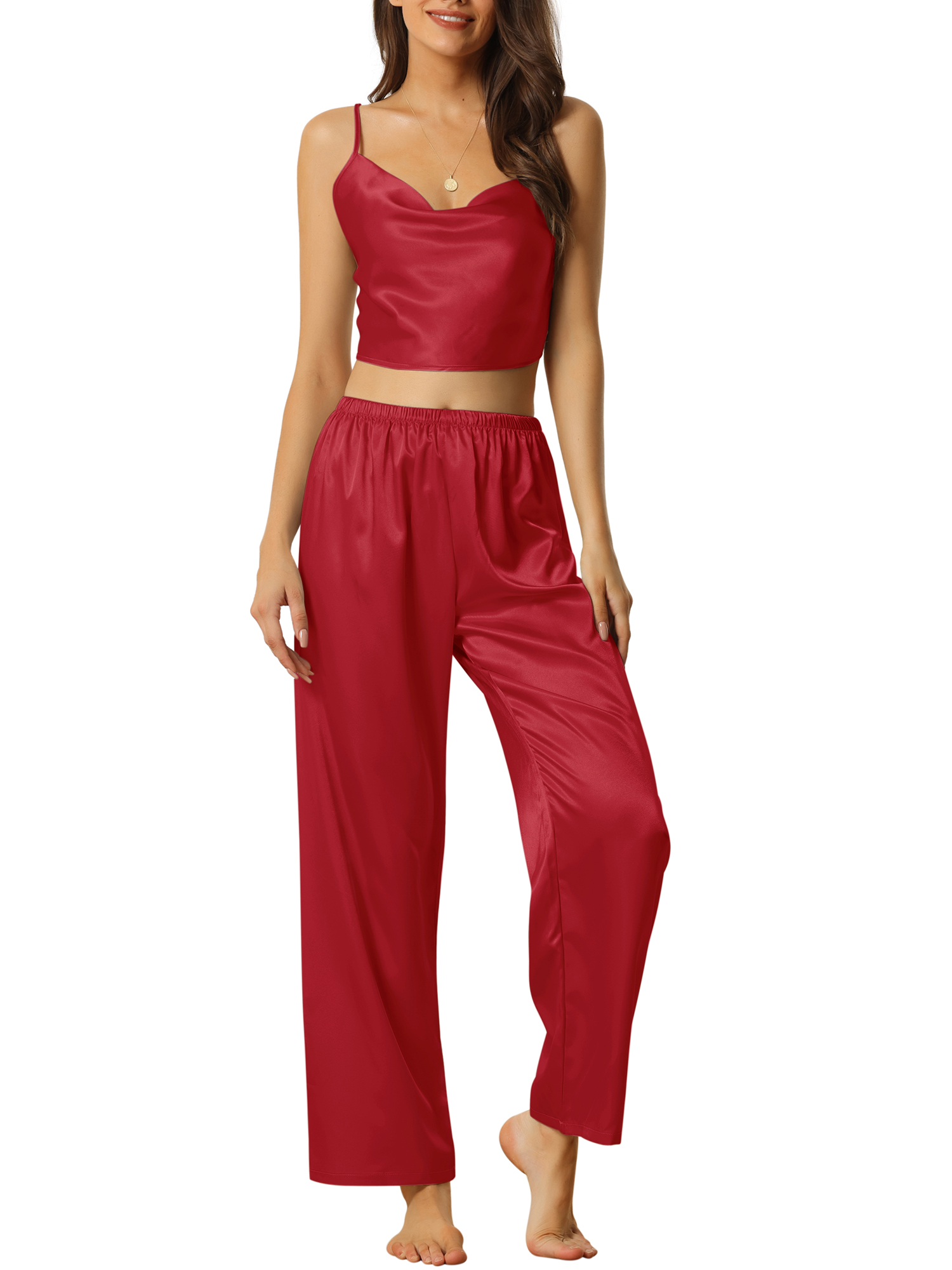 Unique Bargains Womens Satin Pajamas Cowl Neck Crop Cami Sleepwear with ...