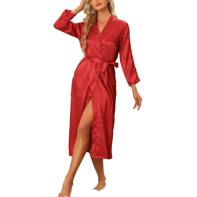 Unique Bargains Womens Satin Robe Lace Trim Kimono Bathrobe Bridesmaid