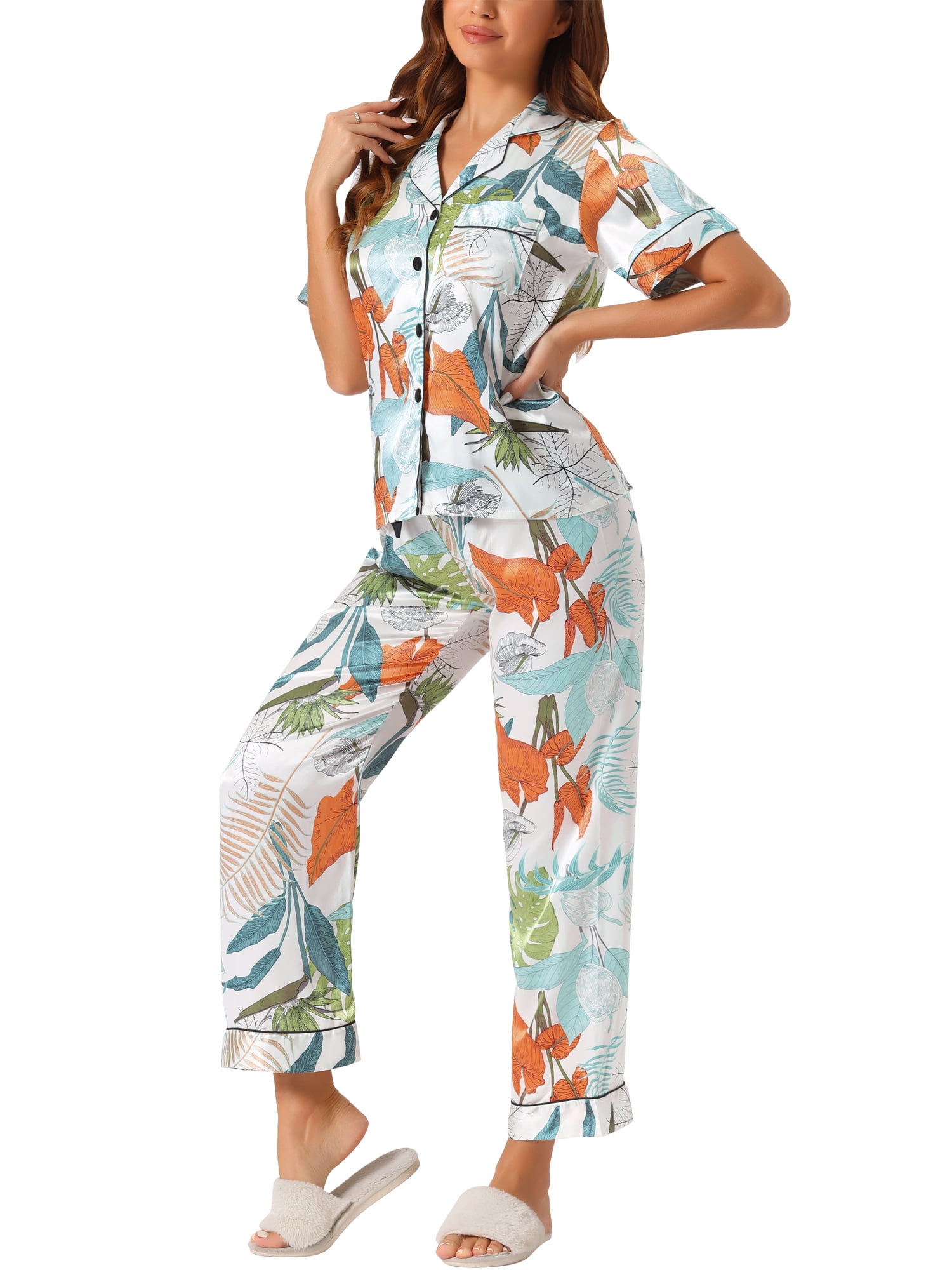 Unique Bargains Womens Satin Sleepwear Short Sleeve Loose Pants Lounge Pajama Sets M Green