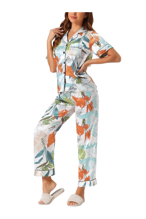 Unique Bargains Womens Satin Sleepwear Short Sleeve Loose Pants Lounge Pajama Sets M Green