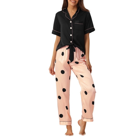 Unique Bargains Womens Satin Sleepwear Short Sleeve Loose Pants Lounge Pajama Sets XS Black