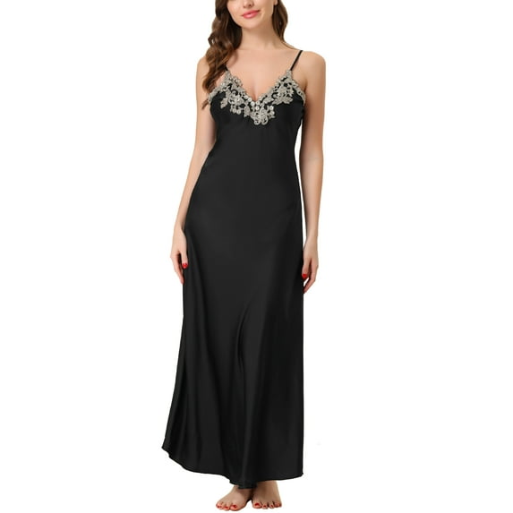 Unique Bargains Womens Satin Sleeveless Nigthgown Lace Sleep Dress Sleepwear Pajama Dress