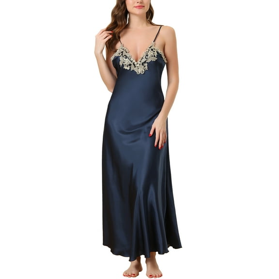 Unique Bargains Womens Satin Sleeveless Nigthgown Lace Sleep Dress Sleepwear Pajama Dress