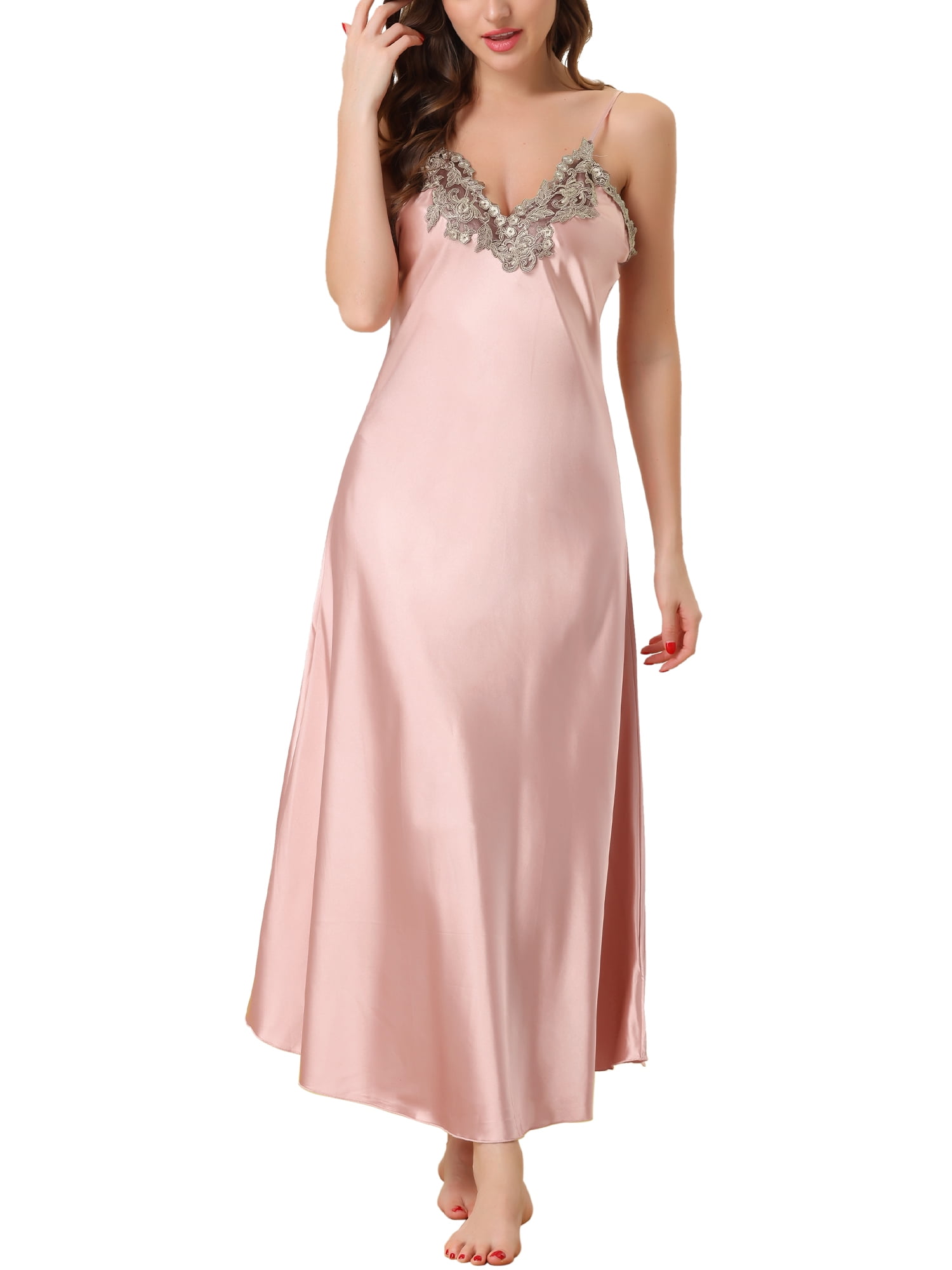 Unique Bargains Womens Satin Sleeveless Nigthgown Lace Sleep Dress Sleepwear Pajama Dress