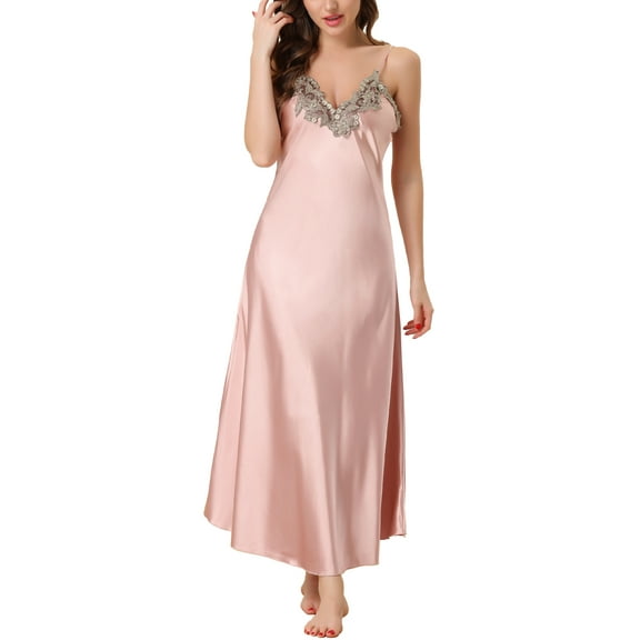 Unique Bargains Womens Satin Sleeveless Nigthgown Lace Sleep Dress Sleepwear Pajama Dress