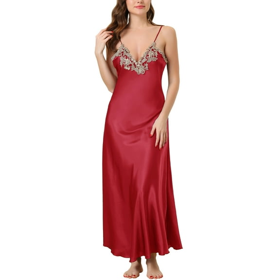 Unique Bargains Womens Satin Sleeveless Nigthgown Lace Sleepwear Pajama Dress
