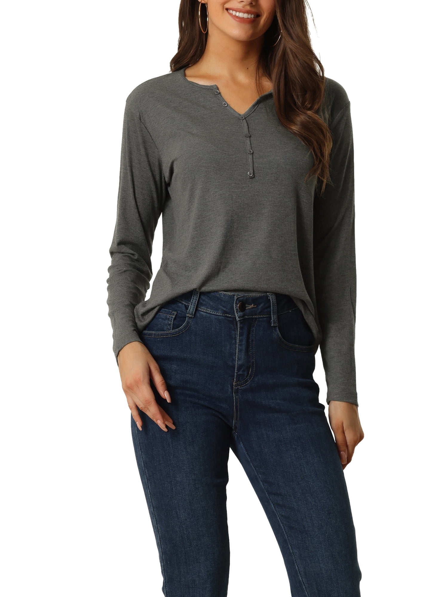 Unique Bargains Womens Sleepwear Comfortable V Neck Ribbed Nightwear Lounge Pullover Tops M Grey