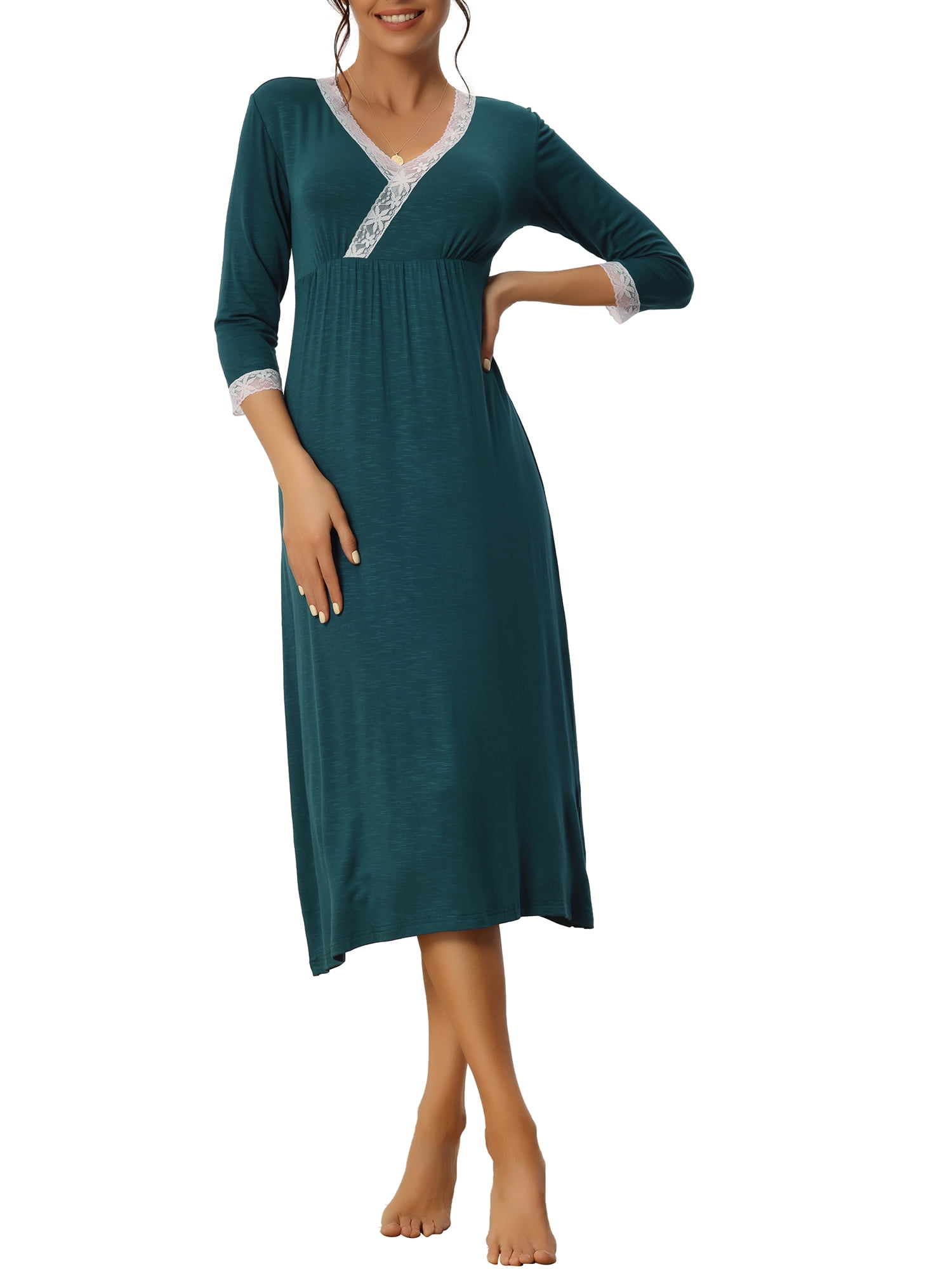Unique Bargains Womens Sleepwear Soft Lace Trim V Neck Rayon Nightshirt Midi Nightgowns S Peacock Green