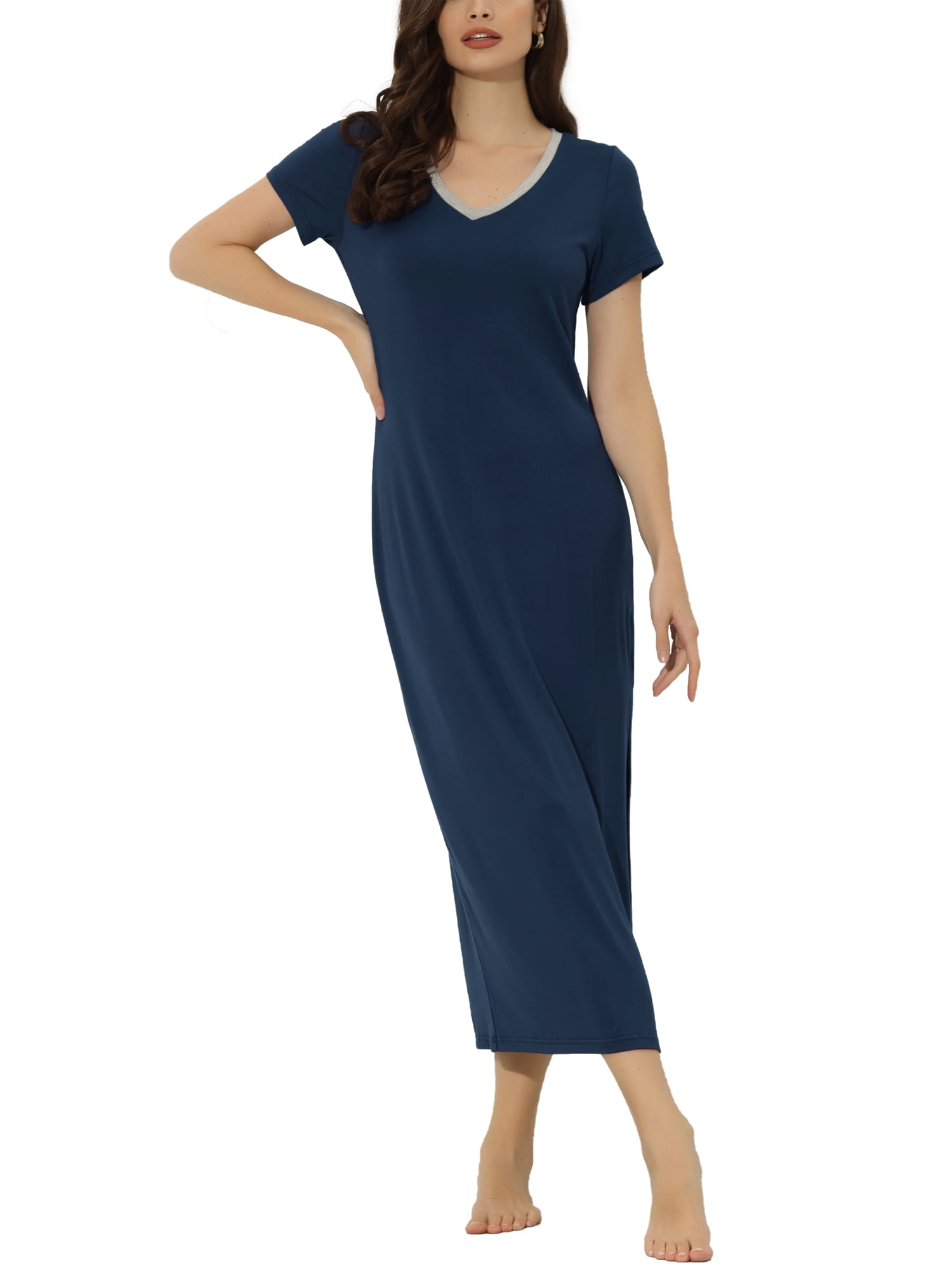 Unique Bargains Womens Sleepwear with Side Slit Nightshirt Lounge Nightgown M Blue