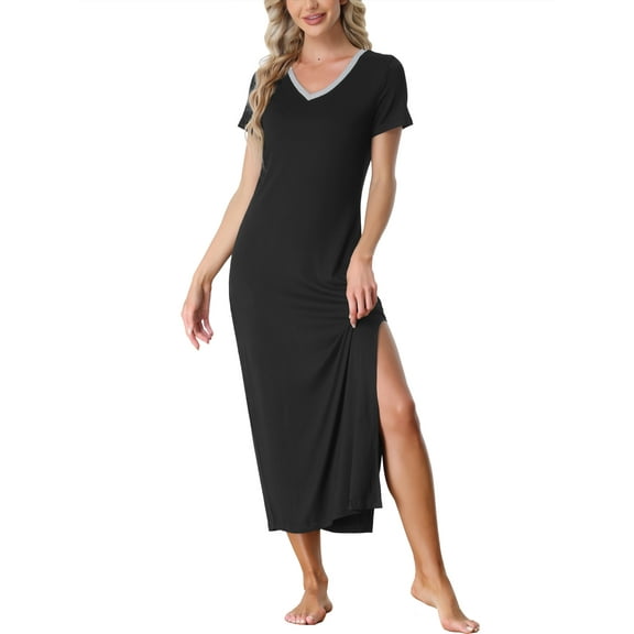 Unique Bargains Womens Sleepwear with Side Slit Nightshirt Lounge Nightgown L Black