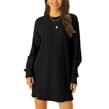 Unique Bargains Womens' Textured Long Sleeve Above Knee Casual Sweater Dress L Black