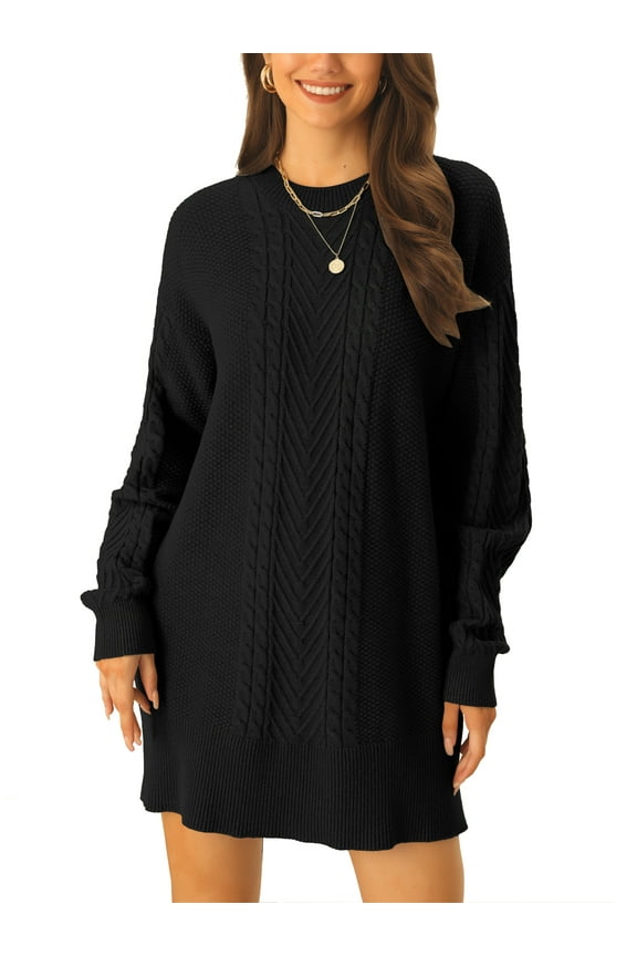 Womens' Textured Long Sleeve Above Knee Casual Sweater Dress L Black