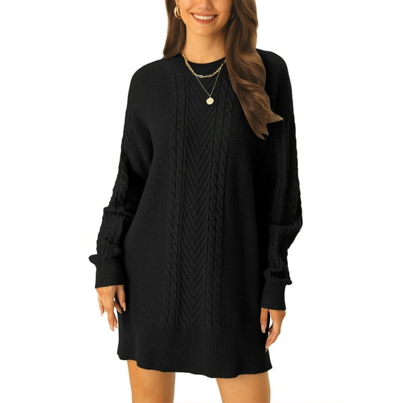 Unique Bargains Womens' Textured Long Sleeve Above Knee Casual Sweater Dress M Black