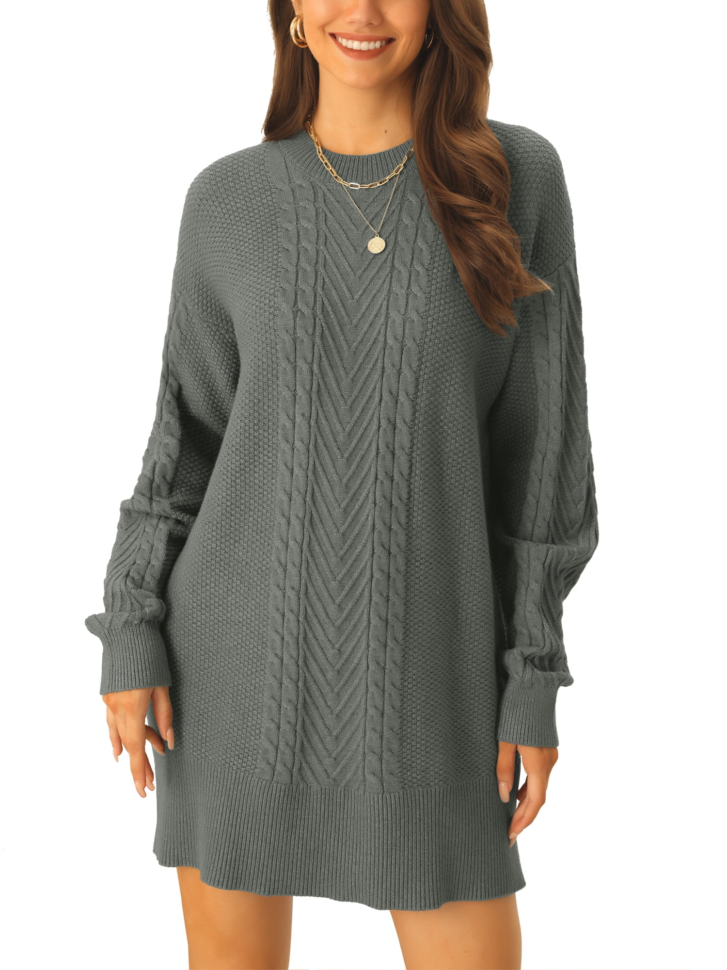 Unique Bargains Womens' Textured Long Sleeve Above Knee Casual Sweater Dress M Grey