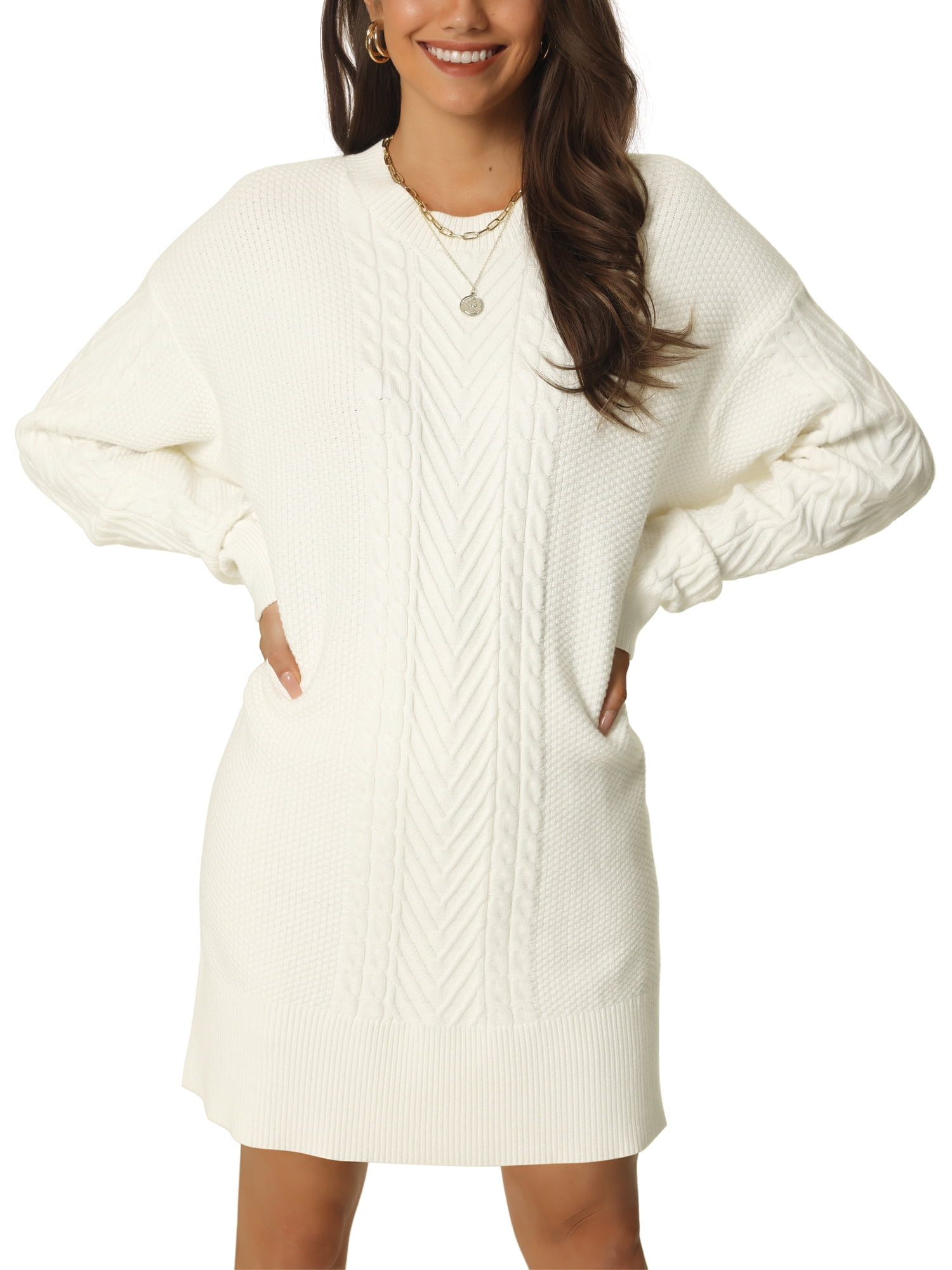Unique Bargains Womens' Textured Long Sleeve Above Knee Casual Sweater Dress M White
