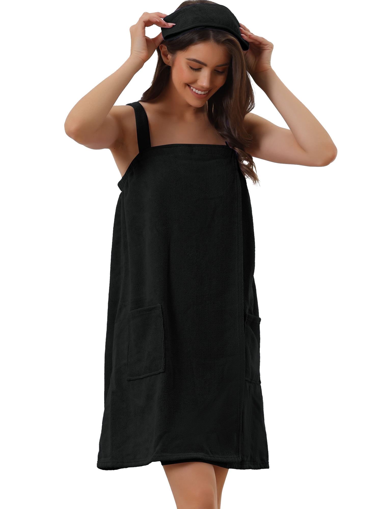 DARING DIVA Towel Wrap Bathrobe Adjustable Closure for Gym Shower XL Black