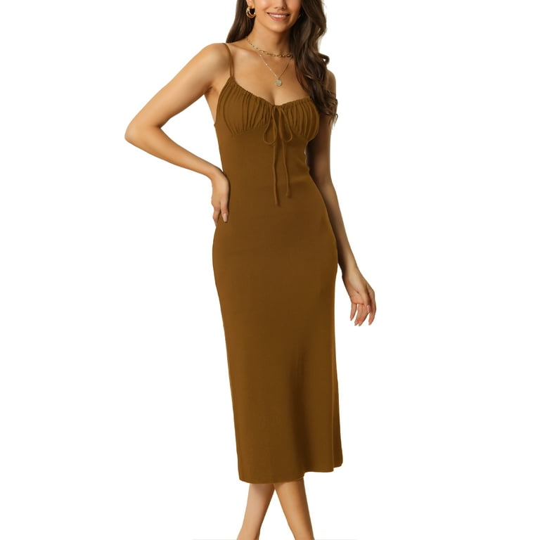 Unique Bargains Womens V Neck Summer Spaghetti Strap Bodycon Midi Cami Dress S Brown Walmart