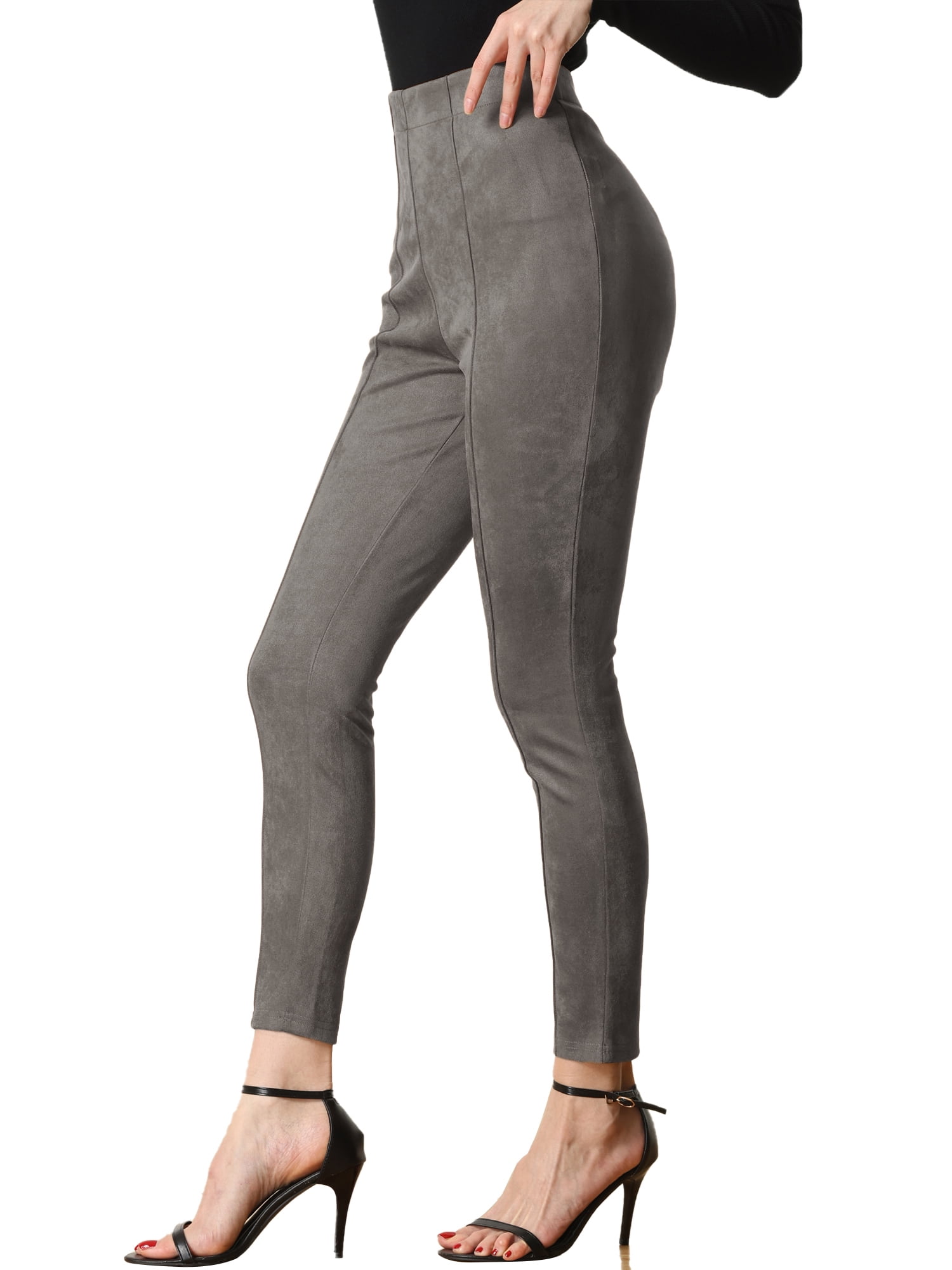 Unique Bargains Womens' Velvet Elastic Waist Side Zipper Narrow Leg Skinny Casual Pants L Dark Gray