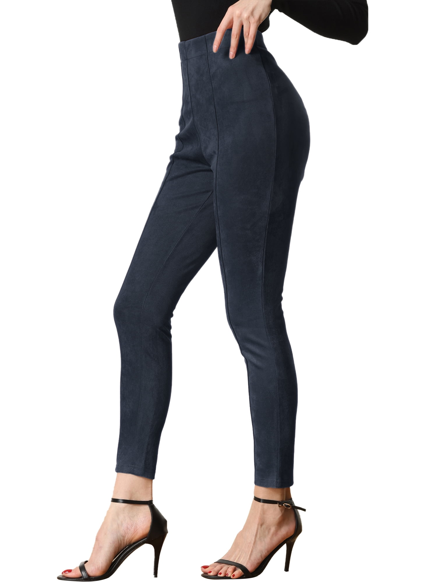 Unique Bargains Womens' Velvet Elastic Waist Side Zipper Narrow Leg Skinny Casual Pants M Navy Blue