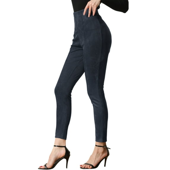 Unique Bargains Womens' Velvet Elastic Waist Side Zipper Narrow Leg Skinny Casual Pants XL Navy Blue