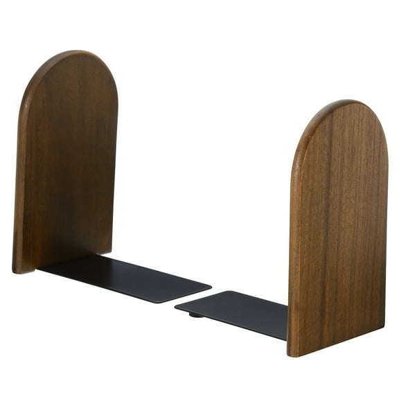 Unique Bargains Wood Bookend with Metal Base Non-skid Round Head Book Ends Walnut Wood