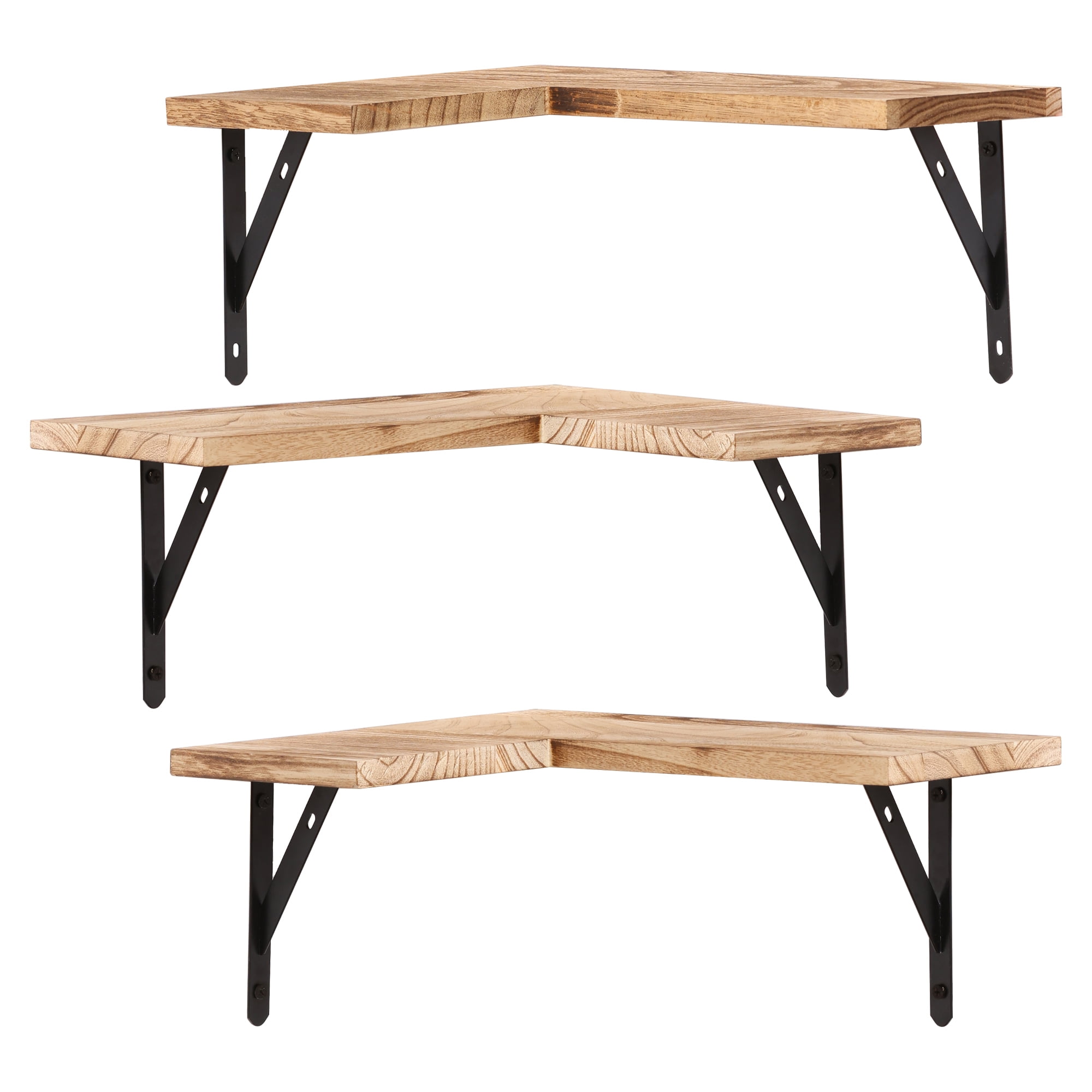 Unique Bargains Wood Floating Shelves Set of 3 Wall Mounted Shelves Light Brown 15.7"