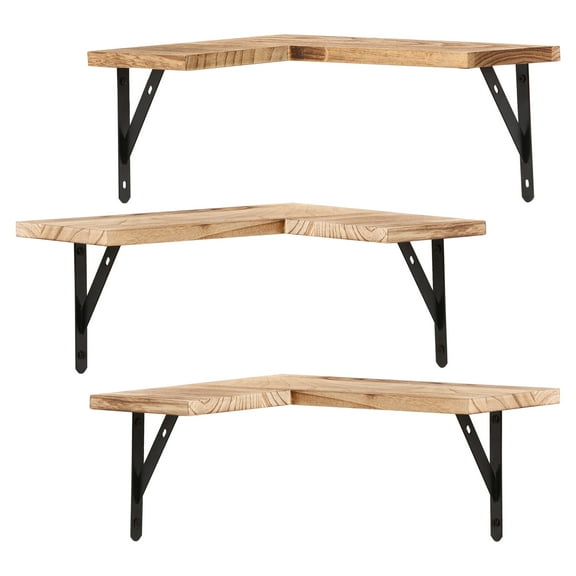 Unique Bargains Wood Floating Shelves Set of 3 Wall Mounted Shelves Light Brown 15.7"